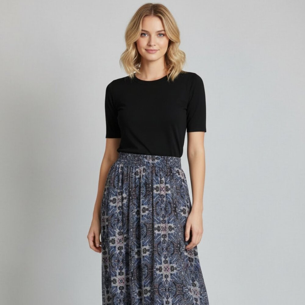 NWOT Bobeau Godet Maxi Skirt In Indigo Tapestry XS